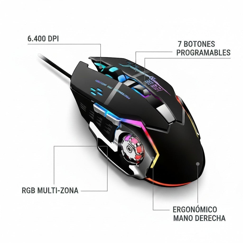 Nexvorn black ergonomic gaming mouse with customizable RGB lighting and 7 programmable buttons.