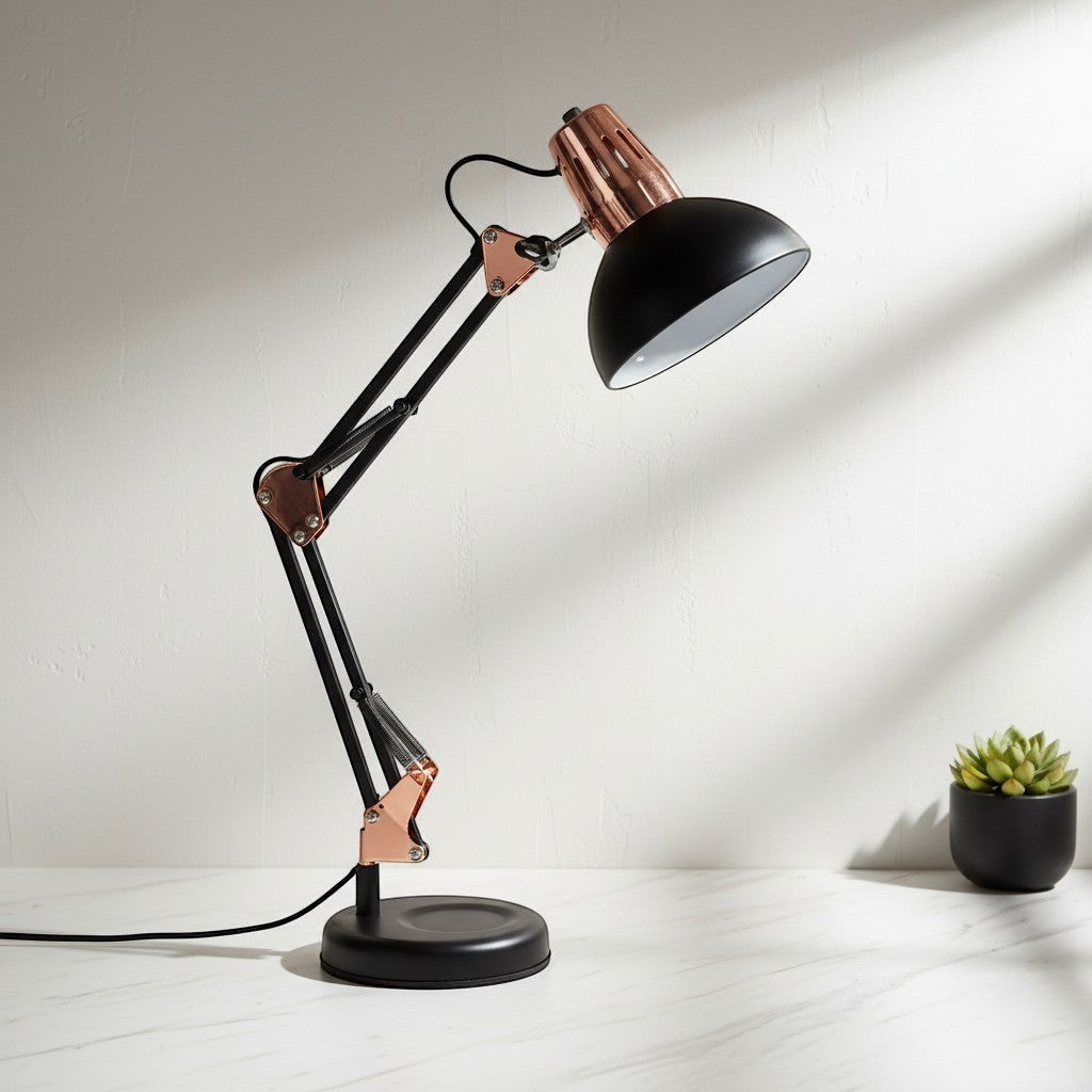 Nexvorn articulated desk lamp in black and copper, Pixar-style, adjustable arm, metal construction, ideal for gaming setups and home offices.