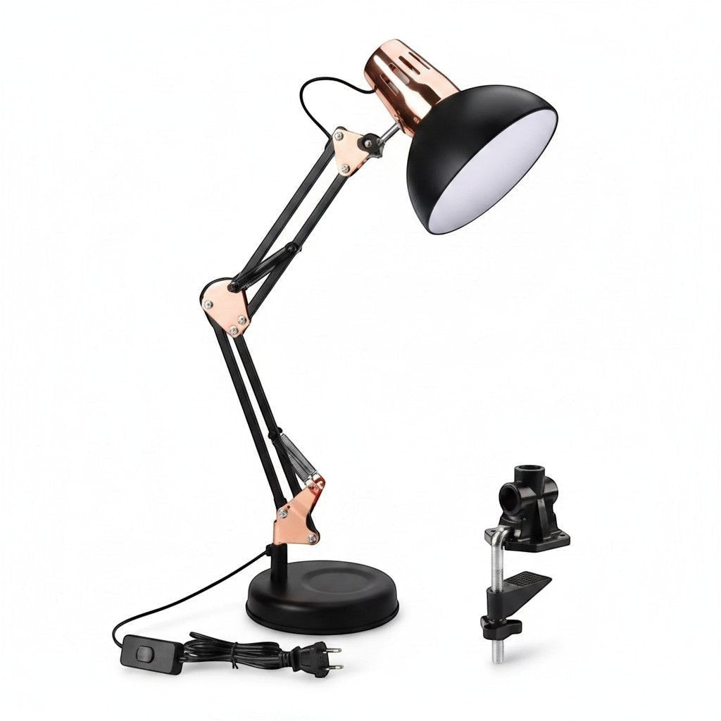 Nexvorn black and rose gold articulated desk lamp, Pixar style, adjustable arm, metal construction, ideal for gaming setups and home offices.