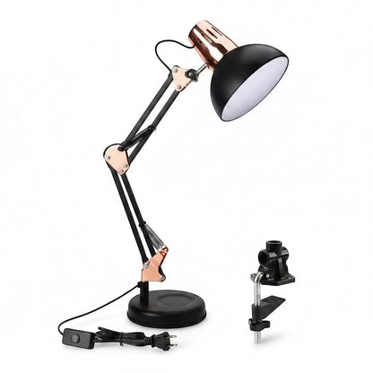 Nexvorn black and rose gold articulated desk lamp, Pixar style, adjustable arm, metal construction, ideal for gaming setups and home offices.