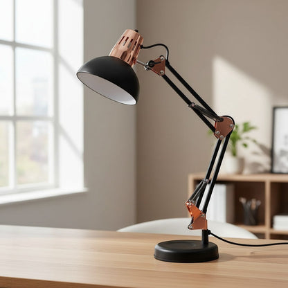 Nexvorn articulated desk lamp with black shade and copper accents, adjustable arm, ideal for gaming or study setups.
