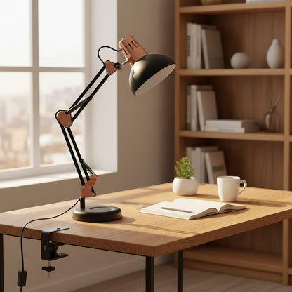 Nexvorn articulated desk lamp in copper and black, Pixar style, adjustable arm, ideal for gaming setup or home office.
