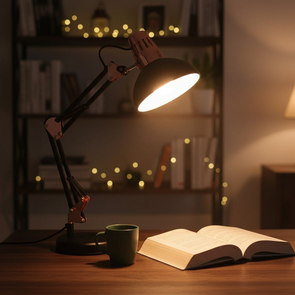 Nexvorn articulated desk lamp in black and rose gold, Pixar style, with adjustable arm and warm LED light, perfect for gaming setups or study.