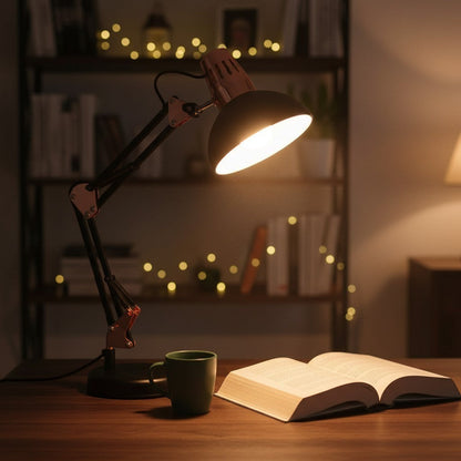 Nexvorn articulated desk lamp in black and rose gold, Pixar style, with adjustable arm and warm LED light, perfect for gaming setups or study.
