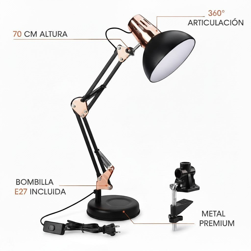 Nexvorn black and rose gold articulated desk lamp, Pixar style, adjustable 360 degrees, metal premium construction, E27 bulb included.