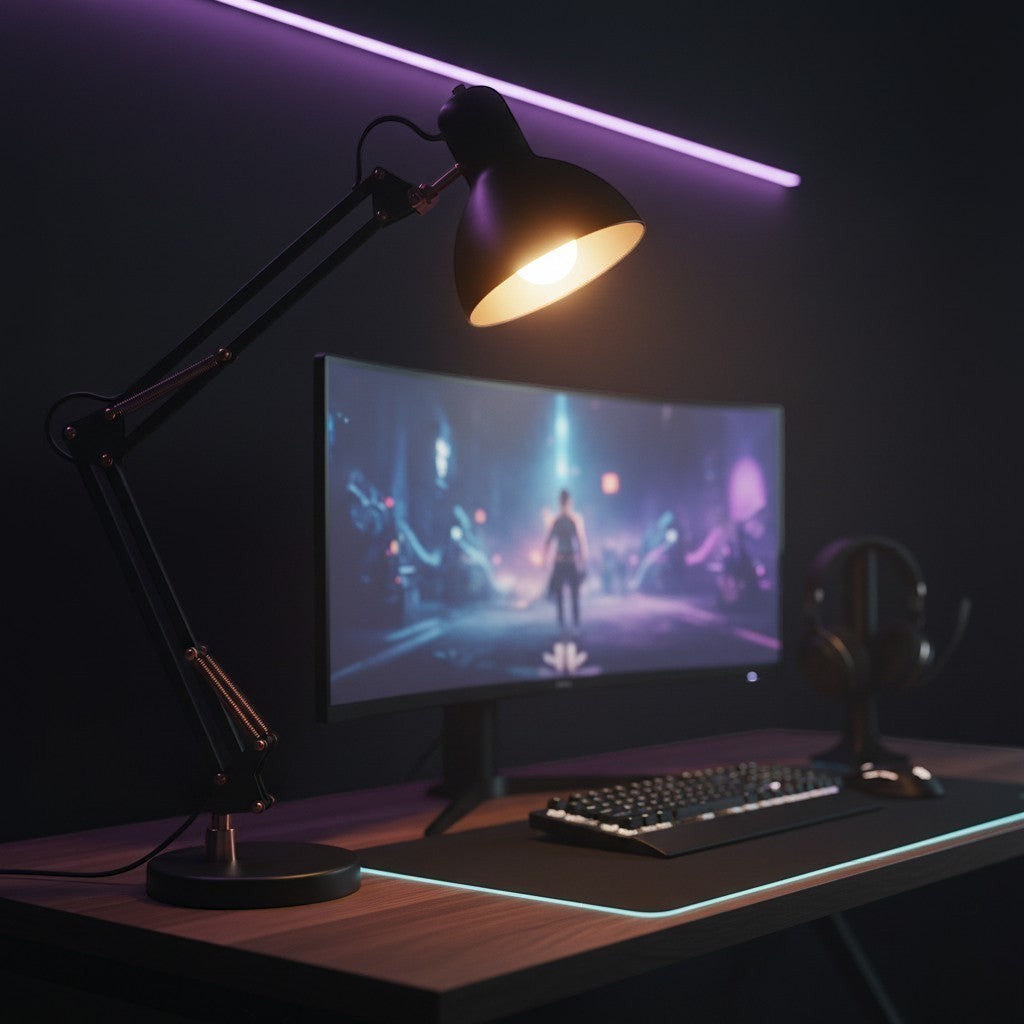 Nexvorn black adjustable Pixar-style desk lamp with warm LED light, perfect for gaming setups.