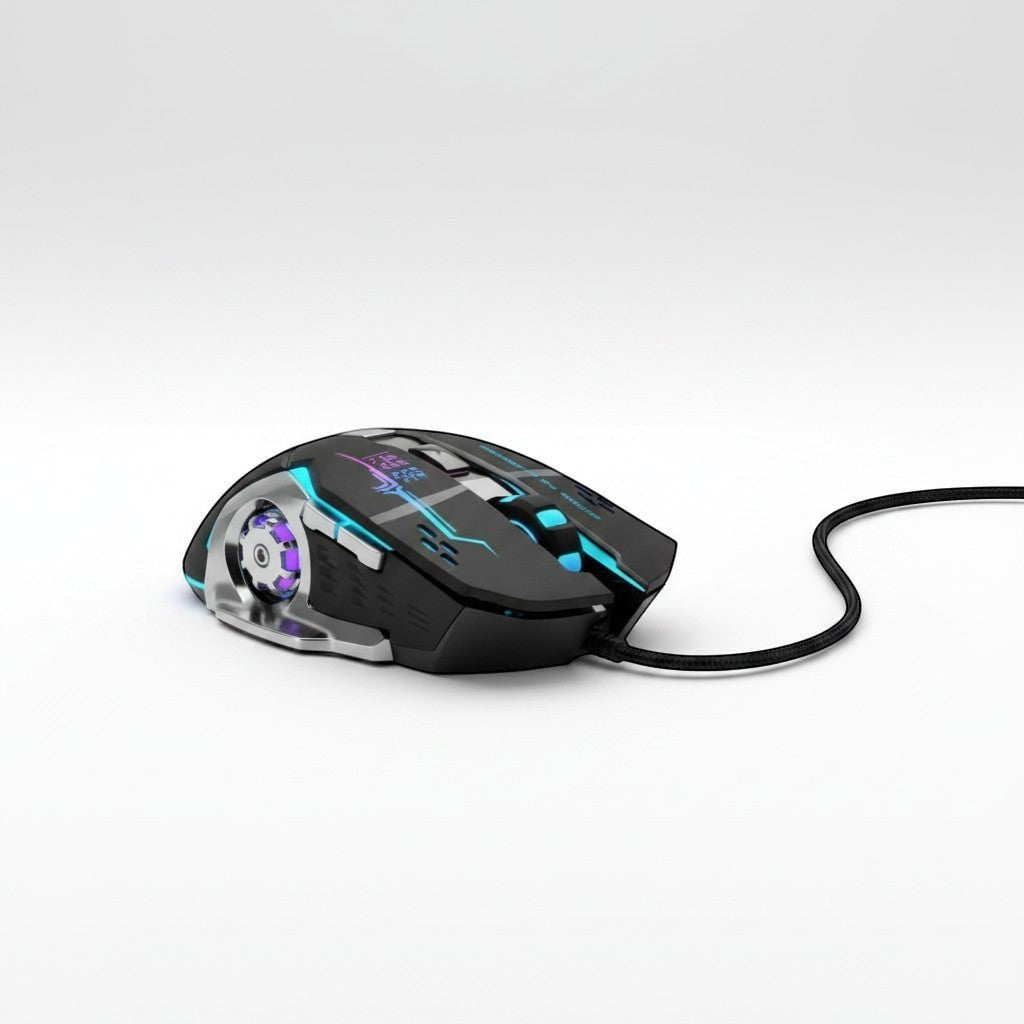 Nexvorn Pro gaming mouse with ergonomic design, customizable RGB lighting, and 7 programmable buttons. Black with blue and purple accents.