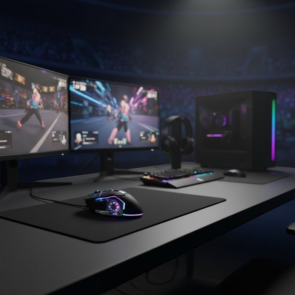 Nexvorn Pro gaming mouse with customizable RGB lighting, ergonomic design, and 7 programmable buttons on a desk with dual monitors.