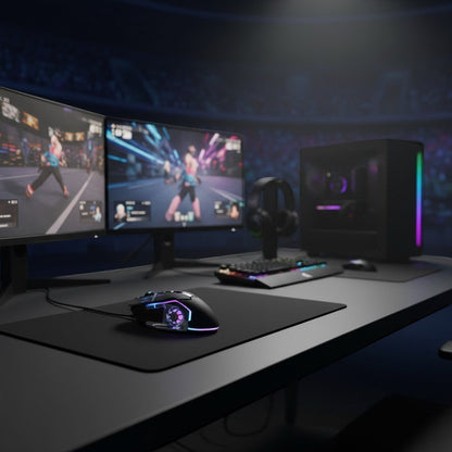 Nexvorn Pro gaming mouse with customizable RGB lighting, ergonomic design, and 7 programmable buttons on a desk with dual monitors.
