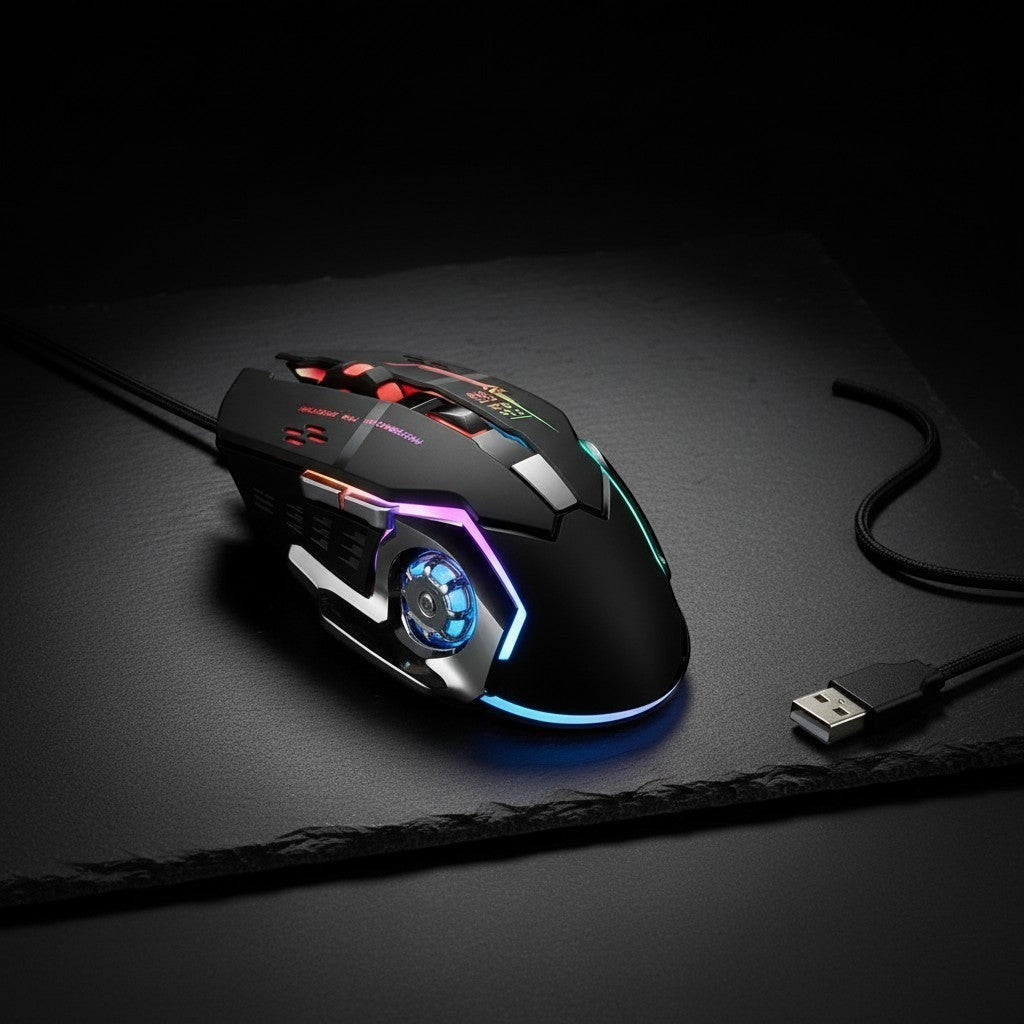 Nexvorn black ergonomic gaming mouse with customizable RGB lighting and 7 programmable buttons.