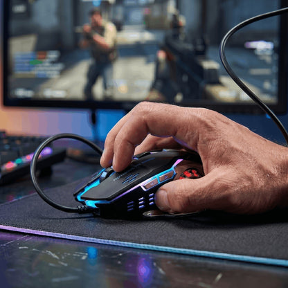 Nexvorn Pro gaming mouse with customizable RGB lighting, ergonomic design, and 7 programmable buttons, held by a right hand.
